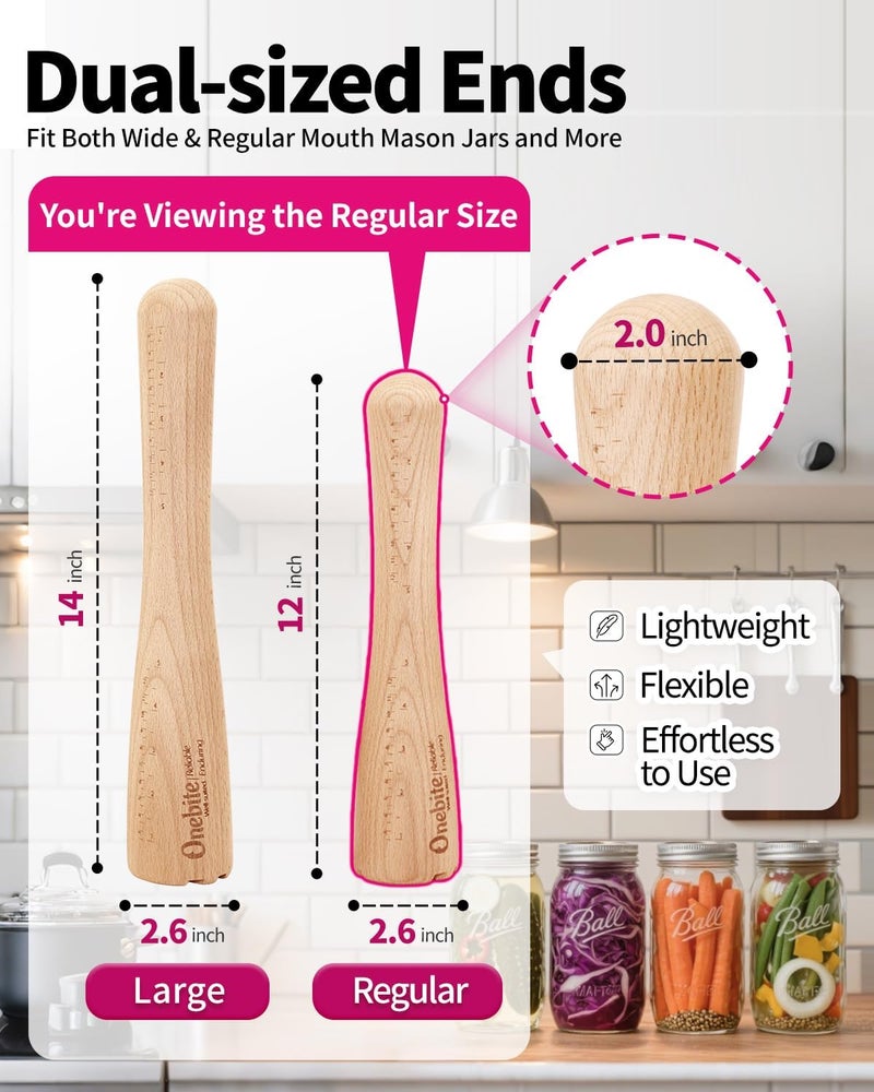 One Bite Sauerkraut Pounder for Mason Jars, Vegetable Fermentation Tamper for Sauerkraut Crocks with Scale Marks - 12" One Piece of Solid Wood, Upgraded Textured Base​ - Image 2